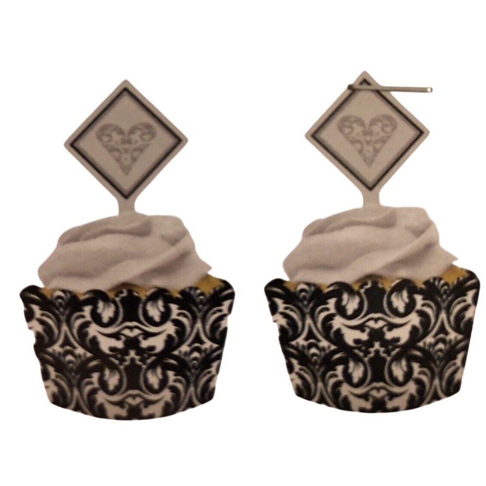 48 Creative Converting Damask Black White Cupcake Wrappers + Toppers Ever After